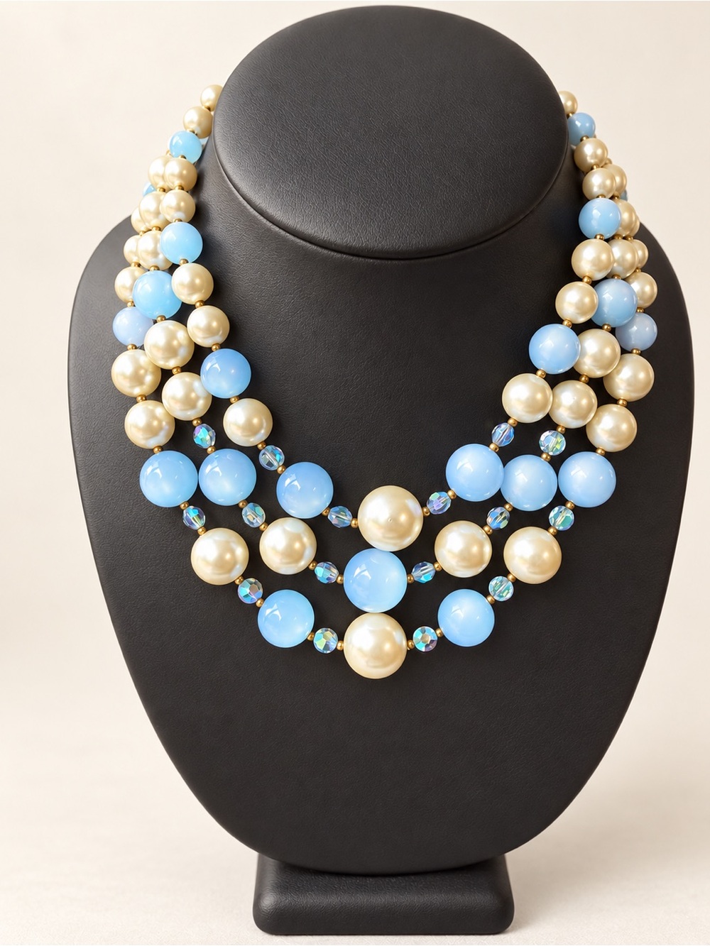 Vintage Multi Strand Blue Moonglow Faux Pearl AB Crystal Necklace